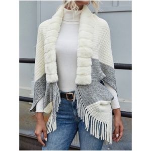Cream Color Block Fringe Open Front Teddy Cardigan